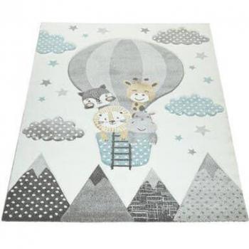 Alfombra Infantil 3D Animales de la Selva en Crema, diseño adorable con globos y nubes, medidas 140x200 cm