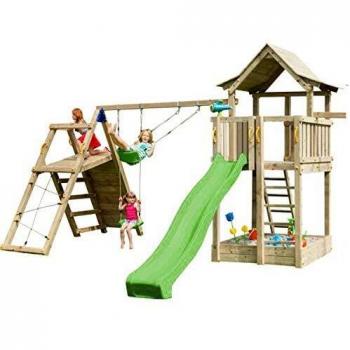 MASGAMES | Parque Infantil Torre Pagoda L con @Challenger | Altura Plataforma 120 cm | con Anclajes incluidos | Uso doméstico | rocódromo Infantil y Red de trepar | Columpio de Dos plazas |