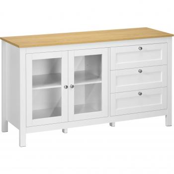 Aparador Homcom con 2 puertas de vidrio, 3 cajones y estante ajustable en blanco