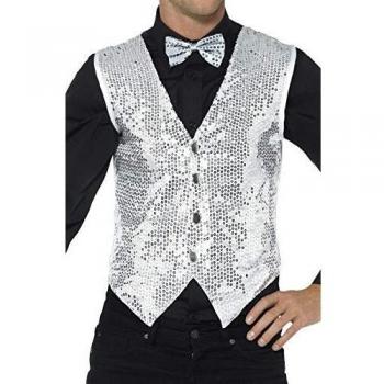 Smiffys-42938L Chaleco de Lentejuelas, Color Plata, L-Tamaño 42-44