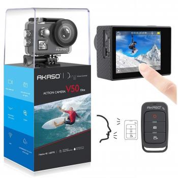 AKASO Cámara Deportiva WiFi 4K/60fps 20MP Cámara de acción con Pantalla Táctil Control de Voz Cámara acuatica Sumergible 40M EIS 8X Zoom Control Remoto 2 Baterías Multi Accesorios