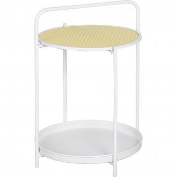 HOMCOM Mesa Auxiliar con Estante de Ratán Plástico, Bandeja Extraíble, Asa Portátil, Forma Redonda, Marco de Acero, para Dormitorio y Oficina 43.5