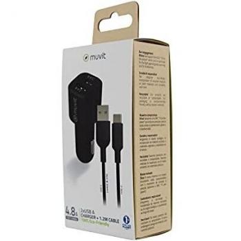 muvit for change Pack Cargador Coche USB 2 Puertos 2.4A + Cable 1m Tipo C Blanco
