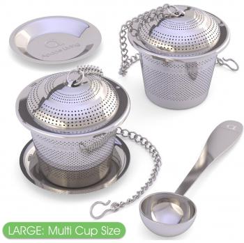 Infusor de Té suelto (Juego de 2) de Apace - con Cuchara de Té y Bandeja de Goteo – Bola infusora, Colador y Filtro de Acero inoxidable ultra fino para una Experiencia de Té o Infusión superior (Plata, Medio)