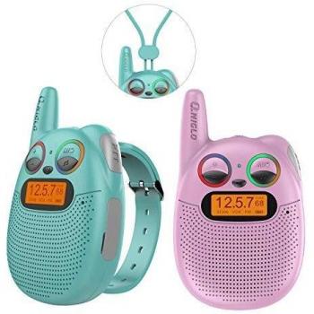 QNIGLO Q136 Walkie Talkie Niños Recargable,Radio FM Alcance de 2 Millas Ojos LED Parpadeantes Correa Portátil de Reloj,Montar en Bicicleta Caminar Acampar Correr,Mejor Regalo Juguete