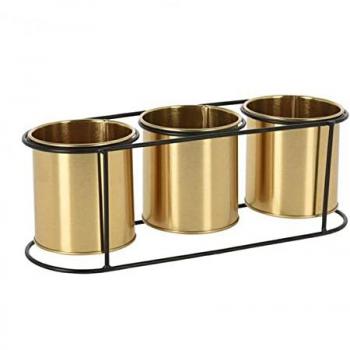 Macetero con 3 Macetas Doradas de 10 cm | Metal | Uso Interior y Exterior