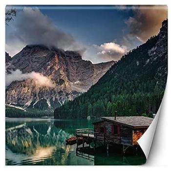 Fotomural Lago en las Montañas 100x100 cm Azul Decoración de Pared Tejido No Tejido