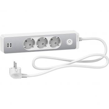 Regleta 3 tomas 15 m 2 usb blanco y aluminio
