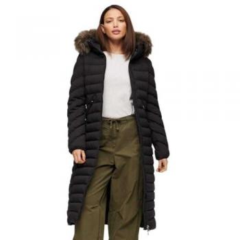 Chaqueta Larga Superdry Fuji con Capucha y Ribete de Pelo Sintético para Mujer, Color Negro, Talla L
