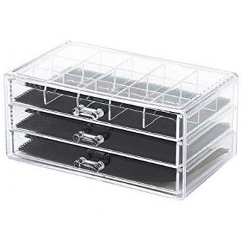 Compactor Organizador de cosméticos y joyería con 3 cajones. y 15 huecos, Transparente, Fabricado en poliestireno, Tamaño 23.8 x 15 x 11 cm, RAN6642