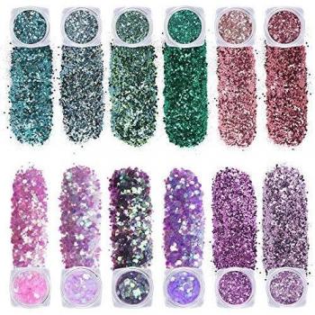 URAQT Purpurinas Polvo, 12 Colores Brillos Corporales, Polvo de Brillo de Uñas, Brillo Cosmético Holográfico para Cara, Cuerpo, Ojos, Cabello, Uñas y Arte DIY