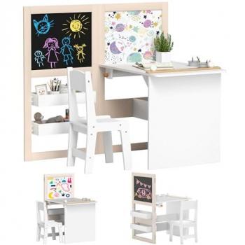 Mesa y Silla Infantil de 2 Piezas con Caballete Plegable, Estantes y Rollo de Papel Blanco para Niños +3 Años - Aiyaplay