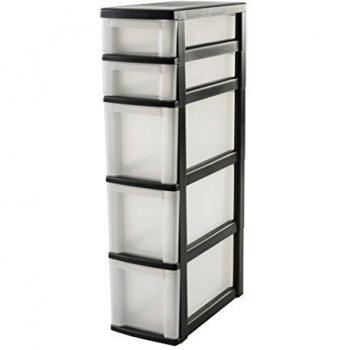 Iris Ohyama, torre de almacenamiento con 5 cajones sobre ruedas - New Slim Chest - NSC-223, plástico, negro / transparente, de 38 L, 40 x 20 x 81,5 cm