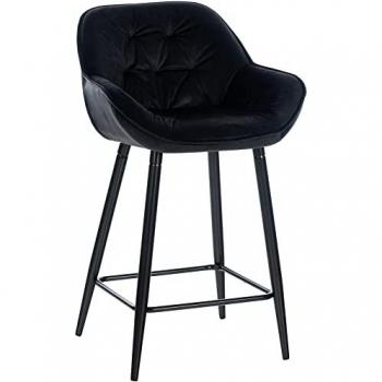 Taburete de Bar Gibson Moderno en Terciopelo Negro con Reposapiés y Estructura Metálica
