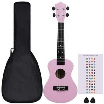 Set de Ukelele Soprano con Funda para Niños 23 Madera Clara Color Marrón Claro, Marrón Oscuro, Azul y Rosa