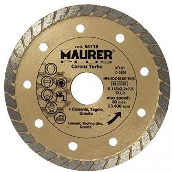 Disco Diamante Maurer Continuo Turbo Cemento, Tejas, Granito 115 mm.