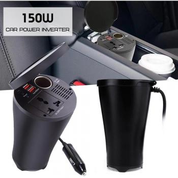 Inversor de copa 150W con doble USB para uso doméstico y exterior, convierte 12V a 220V/110V, 5V/21.1A