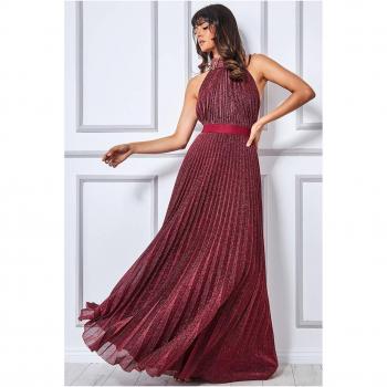 Goddiva Lurex Halterneck Pleated Maxi Dress - Wine