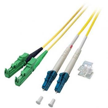 Cable de fibra óptica Duplex 2m OS2 (9/125µm) con conectores E2000®/APC y LC, LSOH, 3mm, color amarillo
