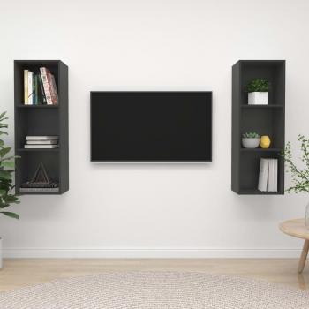 Gabinete gris de pared para TV de 2 piezas en conglomerado, diseño moderno, fabricado en madera de ingeniería, incluye estantes y espacio para dispositivos multimedia