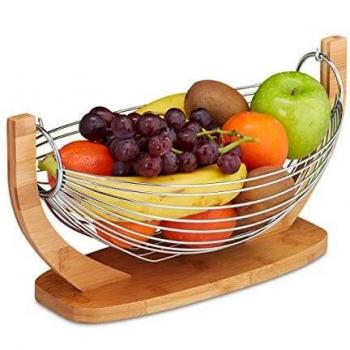 Frutero de cocina moderno en bambú y acero inoxidable, diseño en rejilla, 18,5 x 38 x 23 cm, color natural-plateado