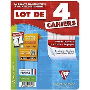 Clairefontaine 646741C Lot de 4 Cahiers Agrafés - 17x22 cm 96 Pages Grands Carreaux Papier Clairefontaine Blanc 90 g - Couverture Carte Pelliculée Couleur Aléatoire