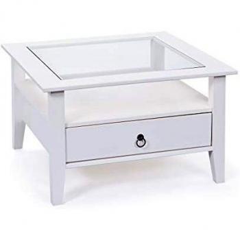 Mesa de centro Provence 1 de madera maciza blanca con tapa de cristal natural y un cajón, dimensiones 115 x 60 x 45 cm