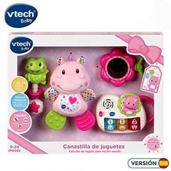 VTech - Canastilla de juguetes, estuche de regalo para bebé recién nacido que incluye peluche mordedor, sonajero, piano interactivo y espejo de seguridad, color rosa