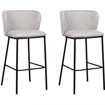 Conjunto de 2 sillas de bar modernas tapizadas en bouclé gris con patas negras y respaldo curvo