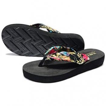 Sandalias Mujer Verano, Estilo Bohemio Cinta Seda Decorado, Zapatillas Antideslizantes de Playa, Negro, 38 EU