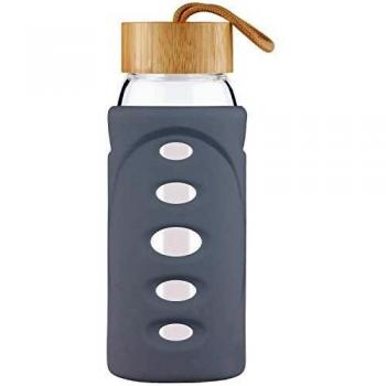 Justfwater Botella de Agua de Borosilicato de 750ml, Botella de Agua de Vidrio con Funda de Silicona y Tapa de Bambú