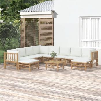 11-Piece Bamboo Garden Lounge Set with Cream White Cushions