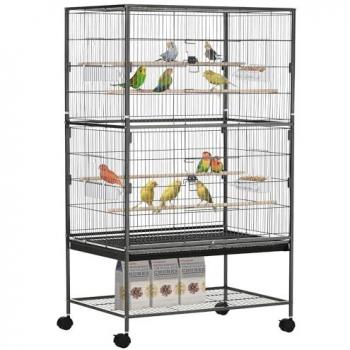 PawHut Jaula para Pájaros con Ruedas 78x52x132 cm Pajarera Metálica con Bandeja Extraíble 4 Puertas 4 Comederos 4 Perchas y Estante de Al