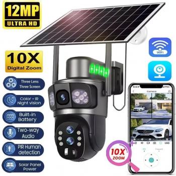 Cámara de vigilancia exterior solar WiFi 6K inalámbrica con zoom 10X, tres objetivos, 12 MP, 360°, seguimiento automático, CCTV IP V380