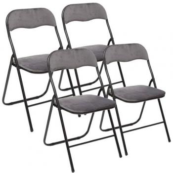 Set de 4 Sillas Plegables de Terciopelo Gris 39x39x43cm y 44x52x73cm