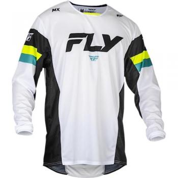 Camiseta de Cross FLY Racing Kinetic Prix 2024, color Blanco-Negro-Hivis, para Adulto, Talla M, incluye protección de Advertencia