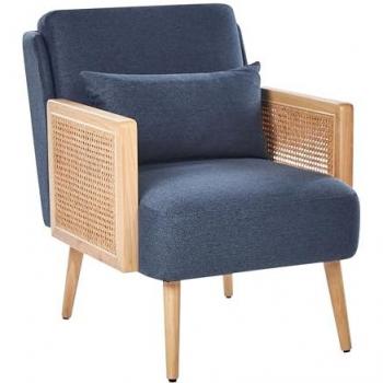 Sillón Tradicional de Poliester con Estructura de Madera y Ratán Trenzado, Patas de Madera, Tapones de Plástico y Cojín Azul Orum