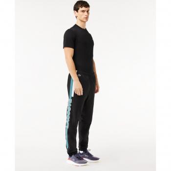 Pantalón jogger Lacoste Sport colección French Capsule para hombre, color negro con franjas azul y blanco, talla M