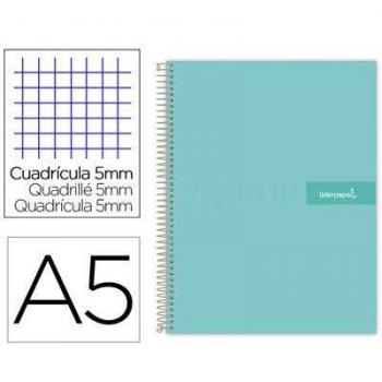 Cuaderno espiral liderpapel a5 micro crafty tapa forrada 120h 90 gr cuadro 5mm 5 bandas 6 taladros color turquesa.
