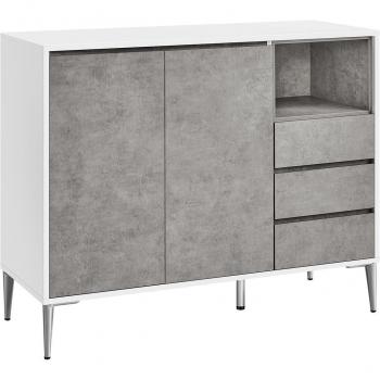 Aparador moderno de almacenaje con puertas color blanco nube o gris cemento, 3 cajones y estante ajustable, para salón, cocina, estudio, 40x103,5x85 cm