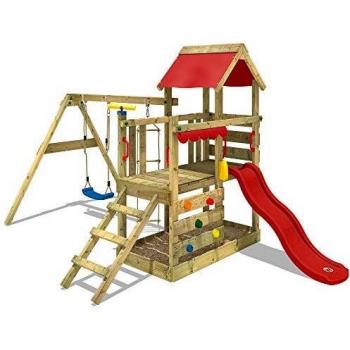 Parque Infantil de Madera TurboFlyer con Columpio, Tobogán, Torre de Escalada, Arenero y Escalera para Niños - Rojo