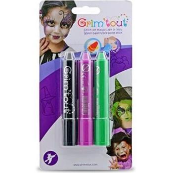 Kit de Maquillaje Infantil Grim'tout - 3 Sticks Multicolores para Bruja - Sin Parabenos, Fáciles de Aplicar y Limpiar