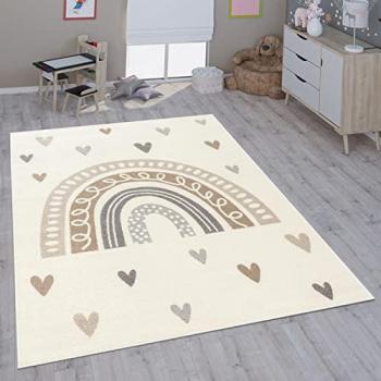 Alfombra Infantil Rectangular Color Arcoíris y Corazones, 13 mm de Altura, Corto Pelo, Tamaño 133 cm Cuadrado