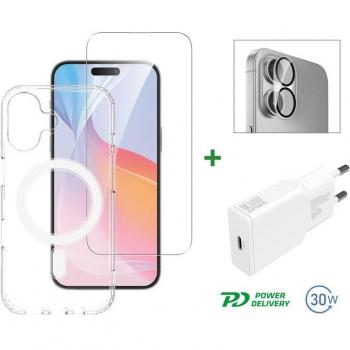 Set Inicial 3 en 1 Premium para Apple iPhone 16 - Funda Transparente, Protector de Pantalla y Cámara, Resistente a Golpes