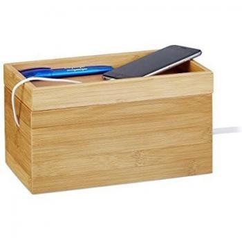 Caja de Cables de Bambú, Compacta y Versátil, Gestión Conveniente de Cables, 14 x 25.5 x 14 cm, Natural - Relaxdays