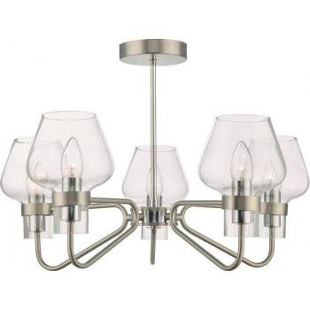 Plafón Keta Cromo Satinado, Lámpara de Techo Semi Empotrada con Cristal, 5 Focos E14, Diámetro 38cm
