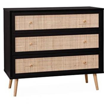 Cómoda de caña con 3 cajones, color negro, dimensiones 90x39x79 cm, diseño Bohème