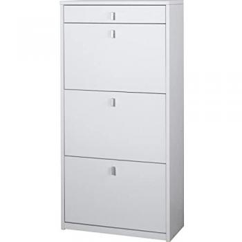 Zapatero compacto ahorrador de espacio con tres puertas y un cajón color blanco ceniza 63x29x127 cm