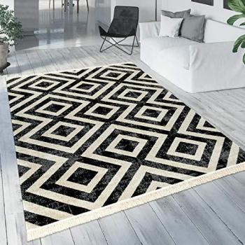 Alfombra Redonda Escandinava Negra y Blanca de Exterior e Interior, Diseño de Rombos, 160 cm, 6 mm de Altura, Resistente