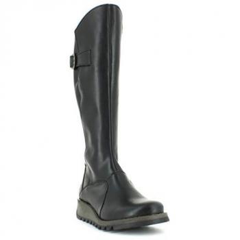 Fly London Women's Mol 2 Black Leather Zip Up Knee High Wedge Boots - Size 4 UK